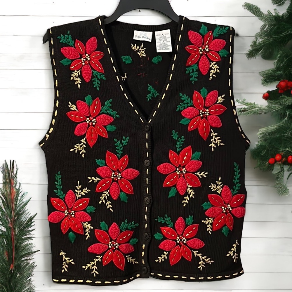 Bobbie Brooks Black Sweater Vest with Red and Green Floral Design